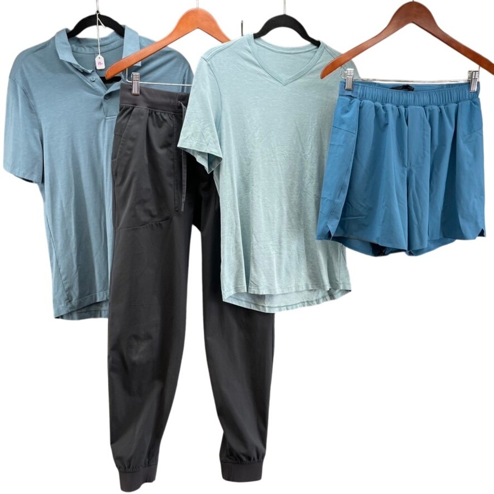 Lululemon Activewear Set‎ Mens Medium Blue Gray Polo Tee Joggers Shorts Bundle